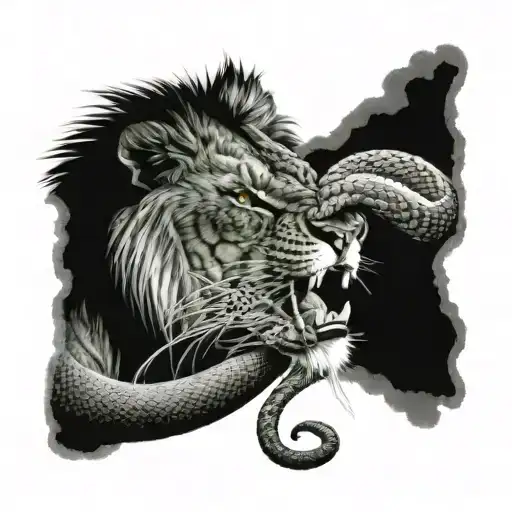 Lion Biting Snake While Snake It About To Bit The Lion As Well