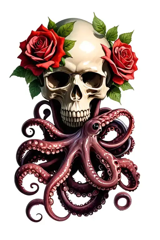 Skull And Roses With Octopus Tentacles Wrapping Its Tentacles
