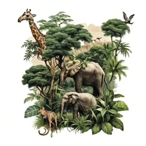 Jungle Forest With Trees Elephants Big Cat Giraffe