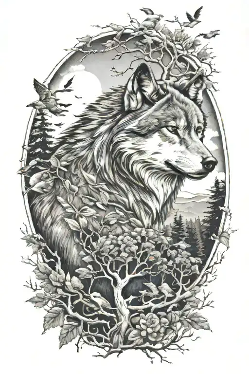 Mean Wolf With Birds And Trees
