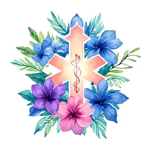 Ems Star Of Life In Blue With Watercolor Hawaiian Flowers Surrounding