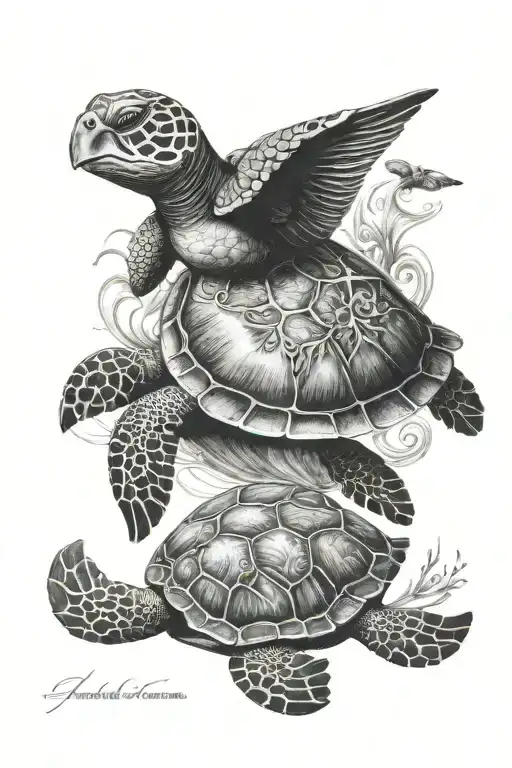 Sea Turtle With Raven And Joseph In Cursive In The Shell
