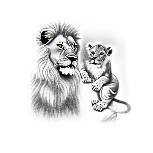 Father Lion Protecting Lion Cub With Jesus Overlooking