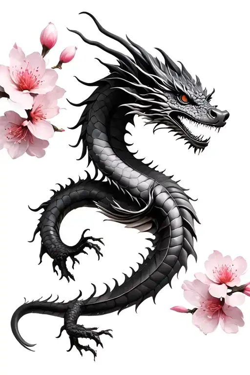 Dragon Cherry Blossom Black And White Pink