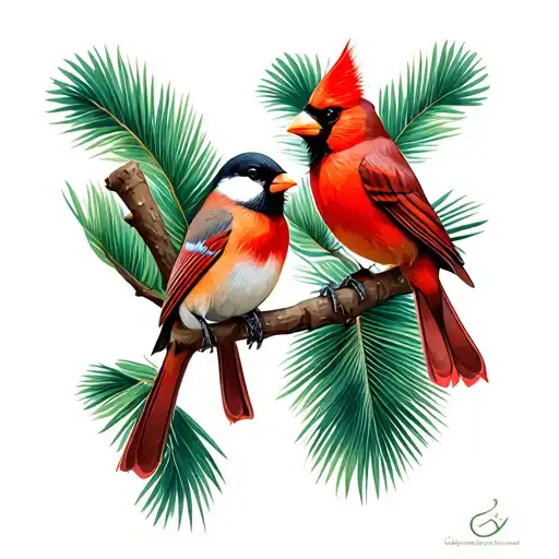 Cardinal And Chickadee Palm Tree Intertwined