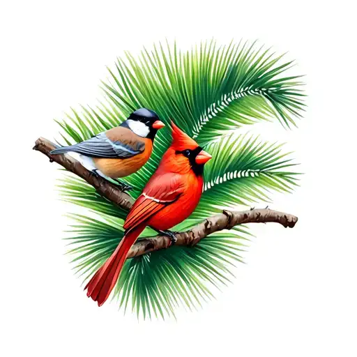 Cardinal And Chickadee In A Florida Palm Tree Intertwined