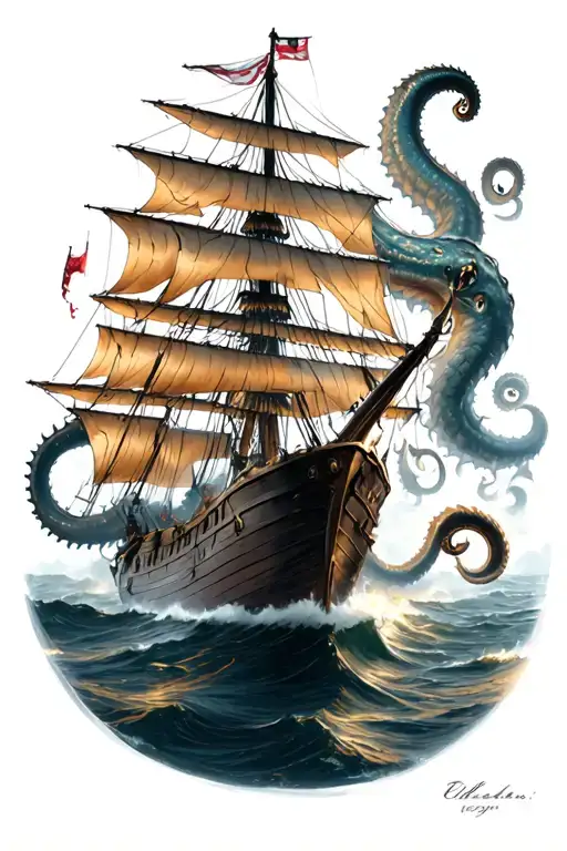 A Roman Ship Being Attacked By A Kraken Reaching