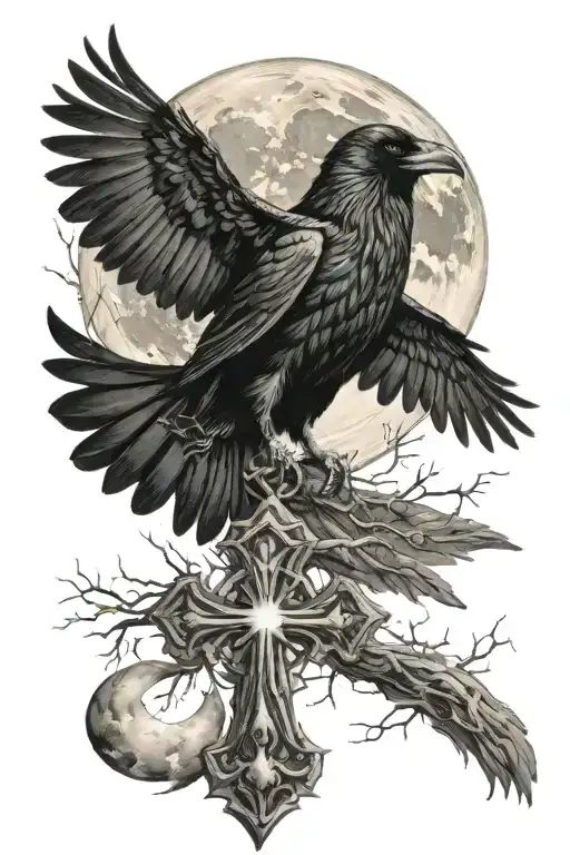 Raven With Cross And Full Moon Surrounded