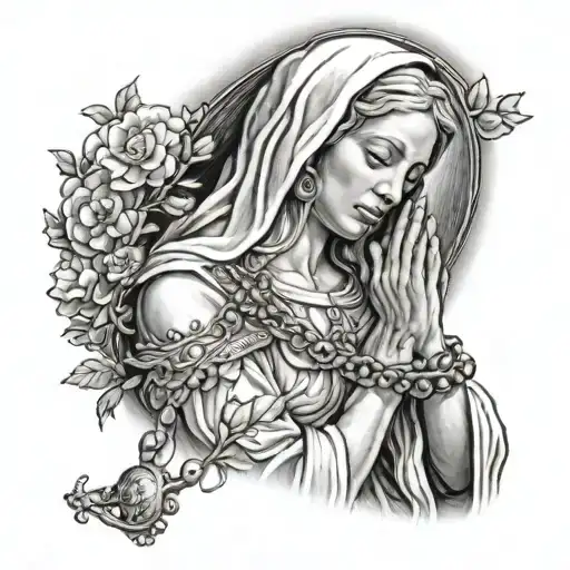 The Virgin Praying The Rosary In Her Hand