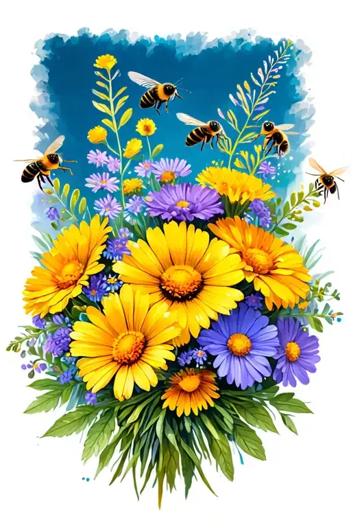 Boquet Of Northern California Wildflowers With Native Bees Flying In And Around The Boquet