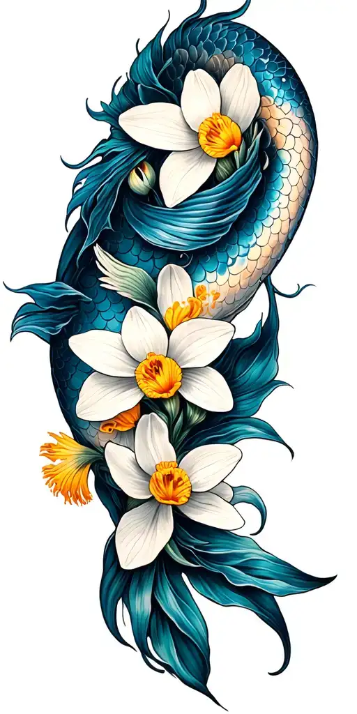 Pisces Zodiac Sign Intertwined With Dafadils No Color