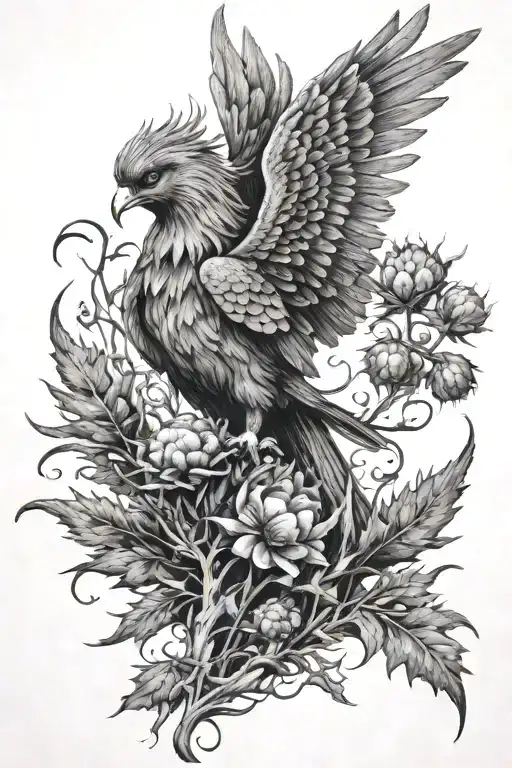 Phoenix Rising From Ashes And Scottish Thistles