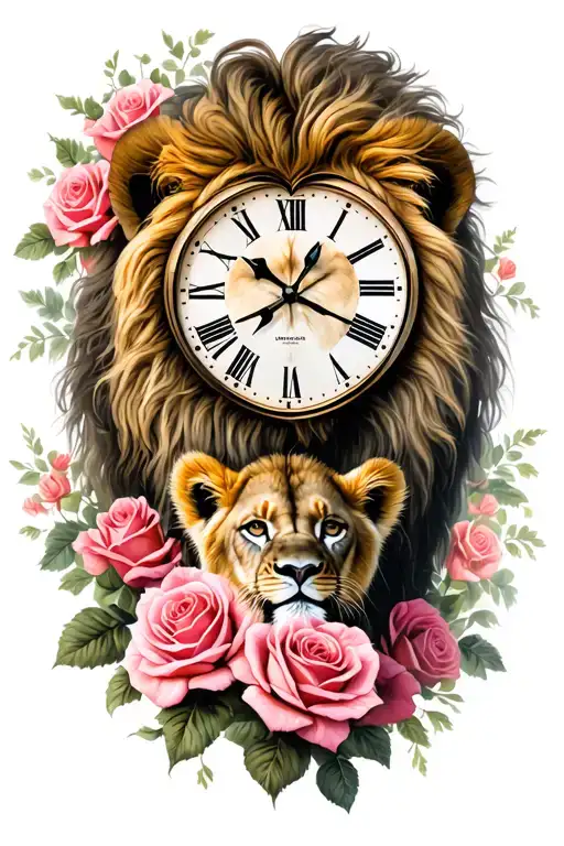 Heart Shaped Clock Lion And Lion Cub Surrounded By Roses