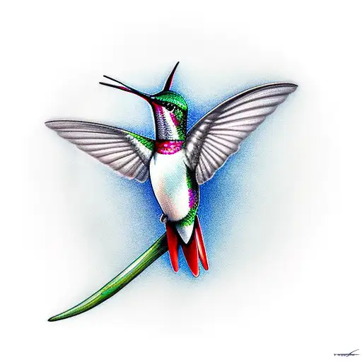 Realistic Hummingbird With Branch Of Leaves Ascending