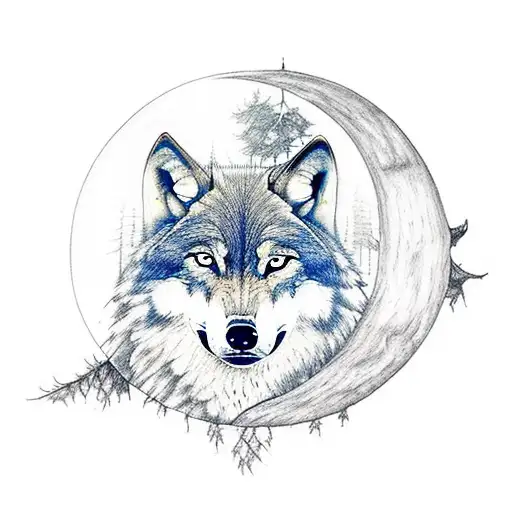 Wolf In A Dark Forest And With Moon And Shadows