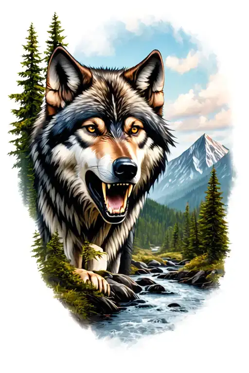 Snarling Wolf In Forest With Mountains And A Stream