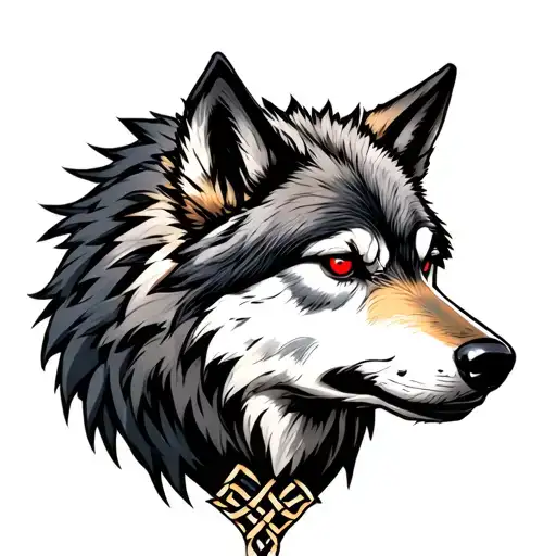 Wolf With Red Eyes On Armor Tattoo Design Featuring Celtic Knot