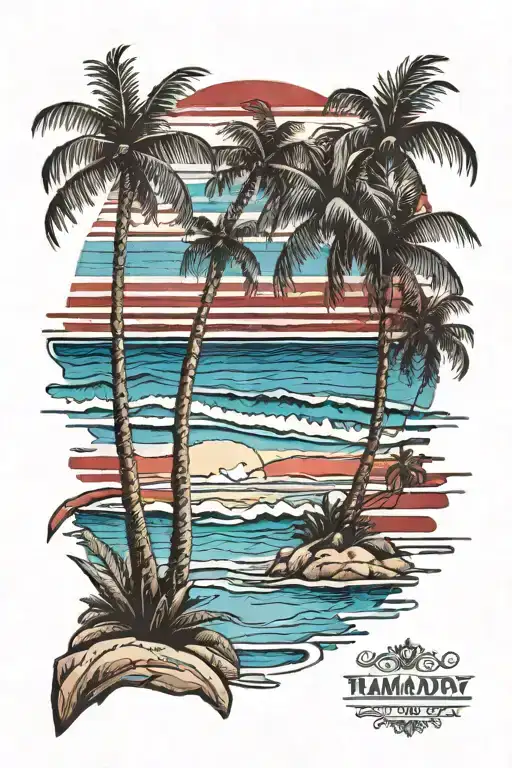 Beach Shore With Palm Trees With Red Blue Stripes