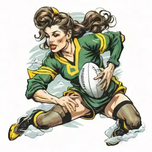 A Pin Up Girl Playing Rugby In A Black Green And Yellow Uniform In The Winter