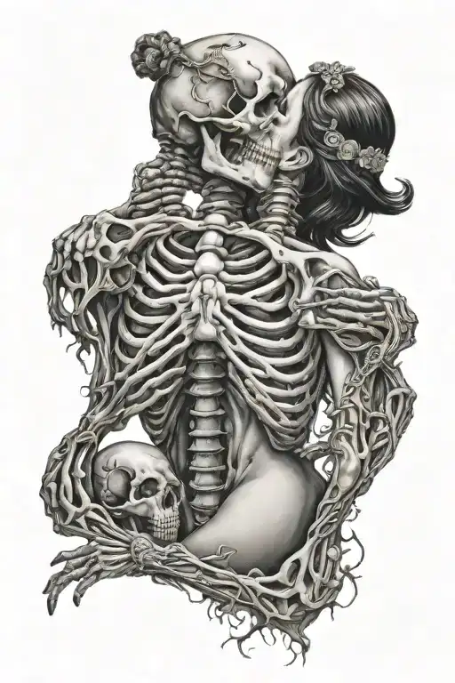 Full Back Woman Kissing A Skeleton