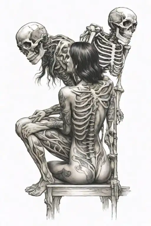 Woman From Behind In Full Swimsuit Kissing A Skeleton