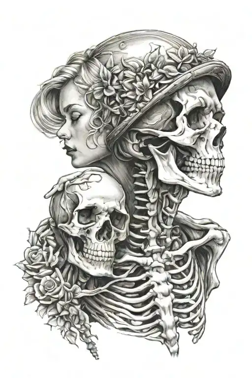 Full Woman Kissing A Skeleton