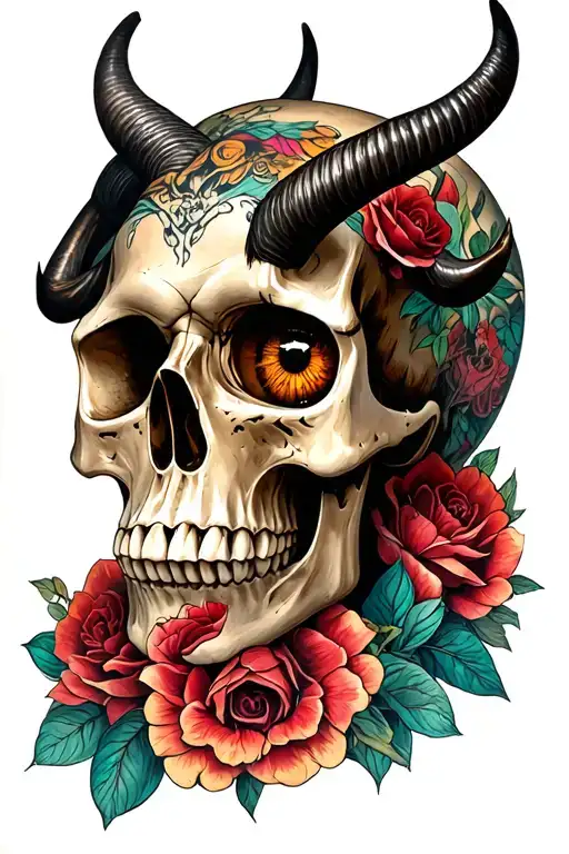 Skull With Horns With 7234 Tattoo Above Right Eye