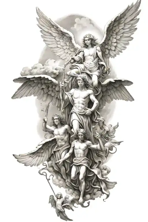 4 Guardian Angels Winning Over The Demons In The Background Of Heaven And The Angels Above