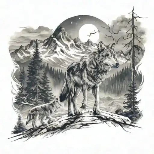 Wolf Leading Its Pack Through The Moutains Following The North Star