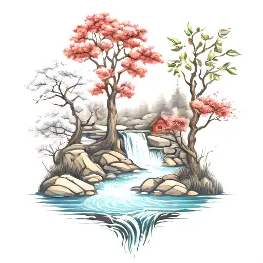 A River With A Campfire On One Side And A Crabapple Tree On The Other Side Waterfalls Down The Front