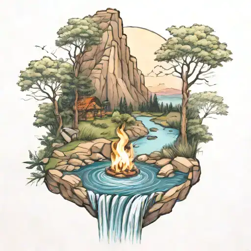 A River With A Campfire Beside It Waterfalls Down The Front