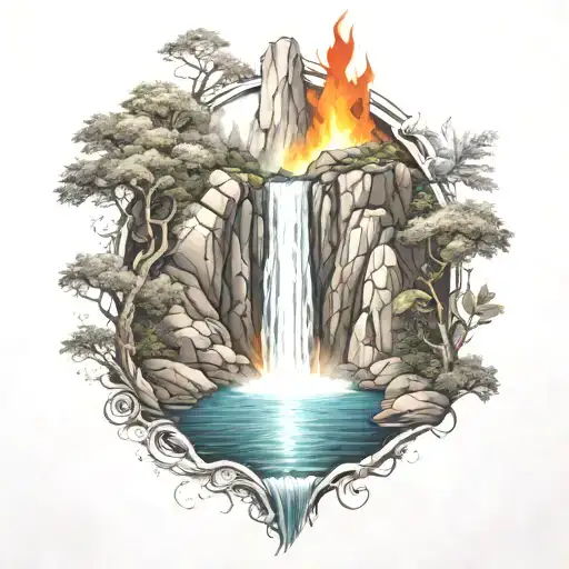 A River With A Fire Beside It Waterfalls Down The Front