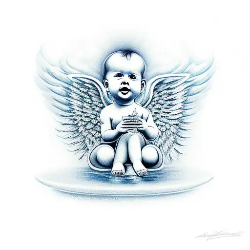 Baby Angel With Wings Sitting And Holding A Vase That Pours Out Water