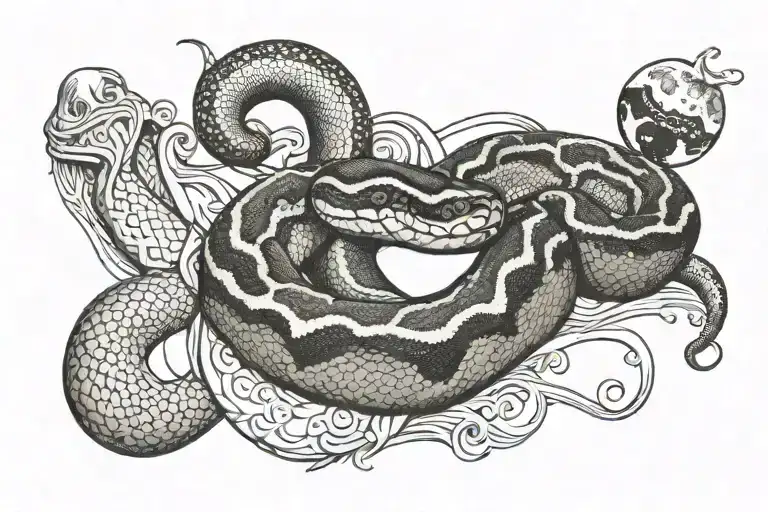 Ball Python Wrapped Around A Crescent Moon Surrounded