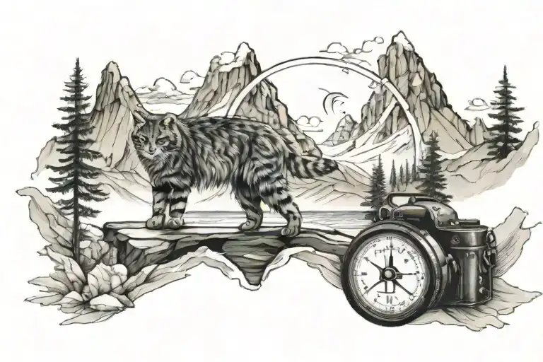 Mountain Range With A Small Compass In The Background And A Fishercat In The Foreground