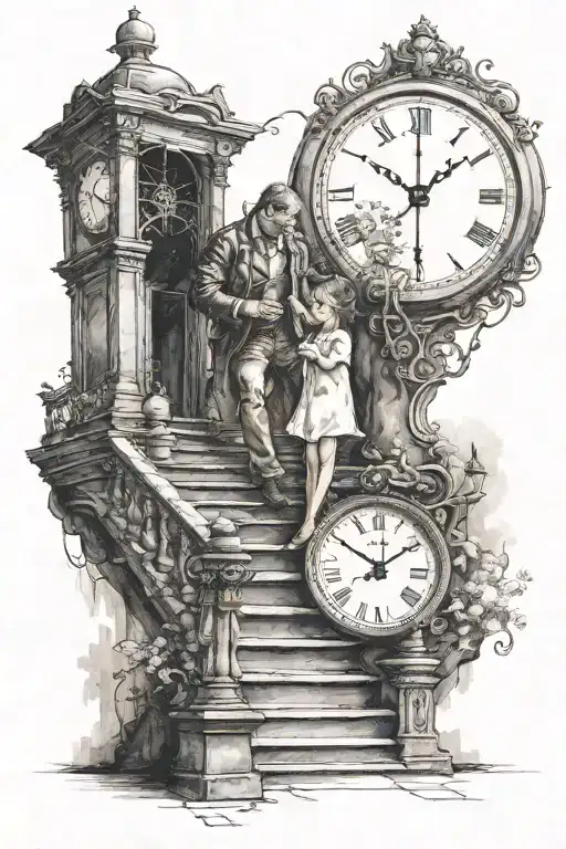 Man Holding A Baby Girl Walking Up On Stairs Towards A Clock