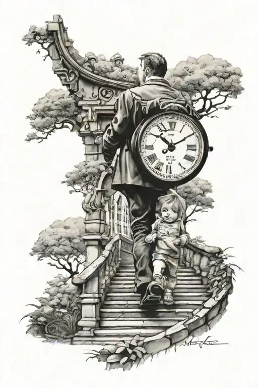 Man Holding A Baby Girl Walking Up On Stairs Towards A Clock
