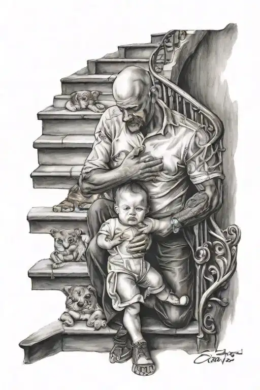 Man Holding A Baby Girl Walking Up On Stairs