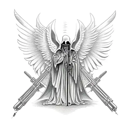 Grim Reaper Work Hood And Hand On Shoulder Of Angel Standing In Front Of Them