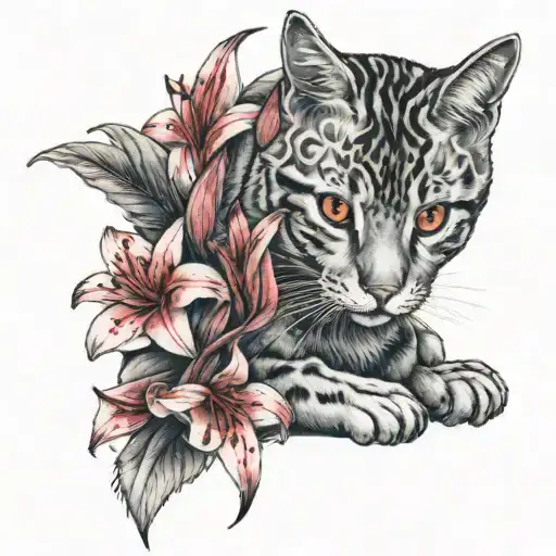 Cat With Red Japanese Lilies