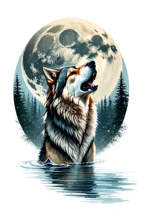 Wolf In A Forest Surrounded By Water Howling At The Moon