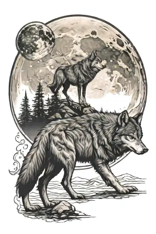 Vegvisir And Wolf Howling At The Moon
