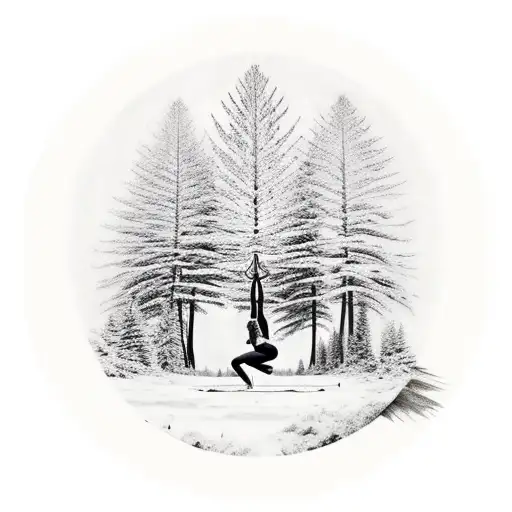 A Realistic Tattoo Of A Majestic Forest Scene With A Person Practicing Yoga Amidst The Trees