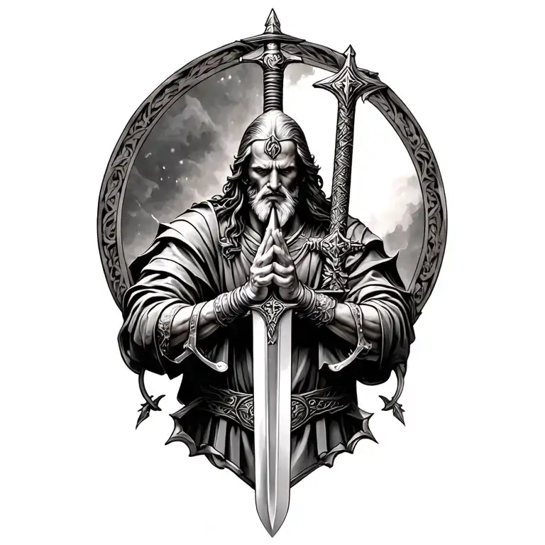 Praying Christian Warrior Wielding A Sword Tattoo Design Combining Elements