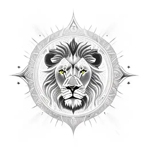 Lion With King And Sun Symbol And Fire