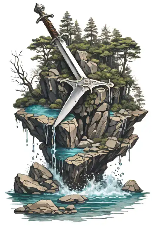 A Sword Embedded In A Rock Surrounded By Water And A Forest In The Background