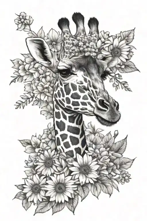 Half Giraffe Face And Neck With June And September Birth Flowers