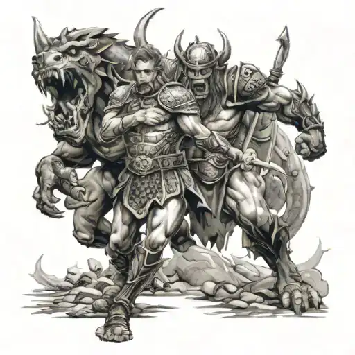 Warrior Battling Monsters