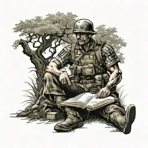 A Tattoo Of A Soldier From Ancient Times Reading A Book Under A Tree