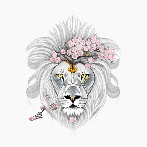 Cherry Blossom With The Moon And A Lion